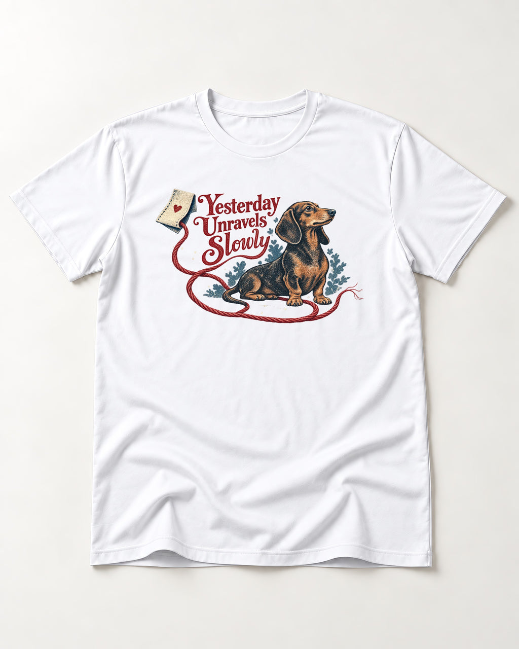 Yesterday Unravels Slowly with Dachshund T-Shirt in White, flat lay product photo