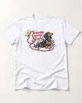 Yesterday Unravels Slowly with Dachshund T-Shirt in White, flat lay product photo