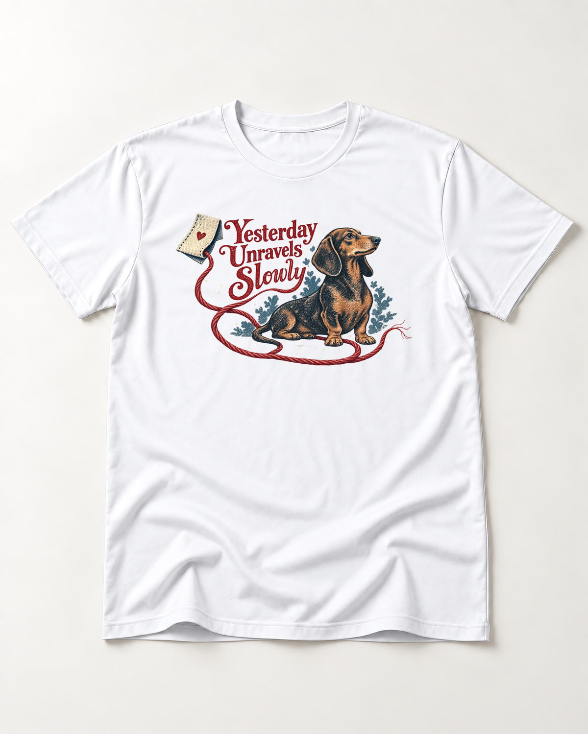 Yesterday Unravels Slowly with Dachshund T-Shirt in White, flat lay product photo