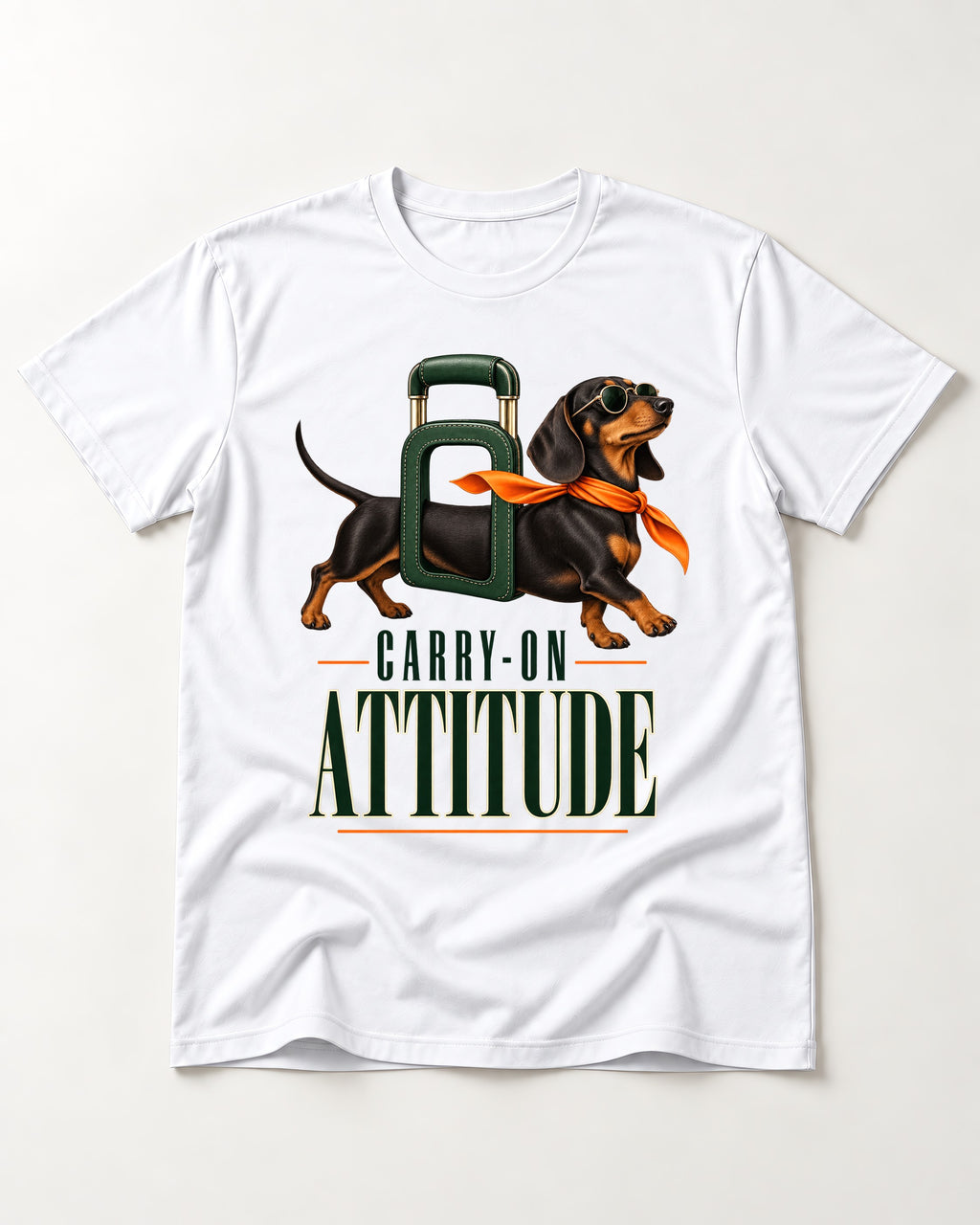 Dachshund Carry on Attitude T-Shirt in White, flat lay product photo