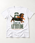 Dachshund Carry on Attitude T-Shirt in White, flat lay product photo