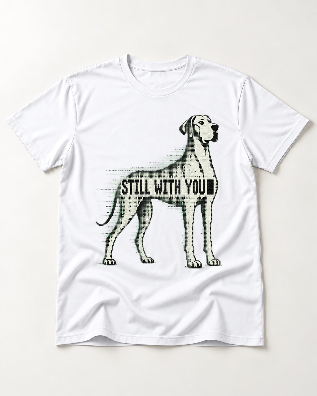 Still with You Great Dane T-Shirt in White, flat lay product photo