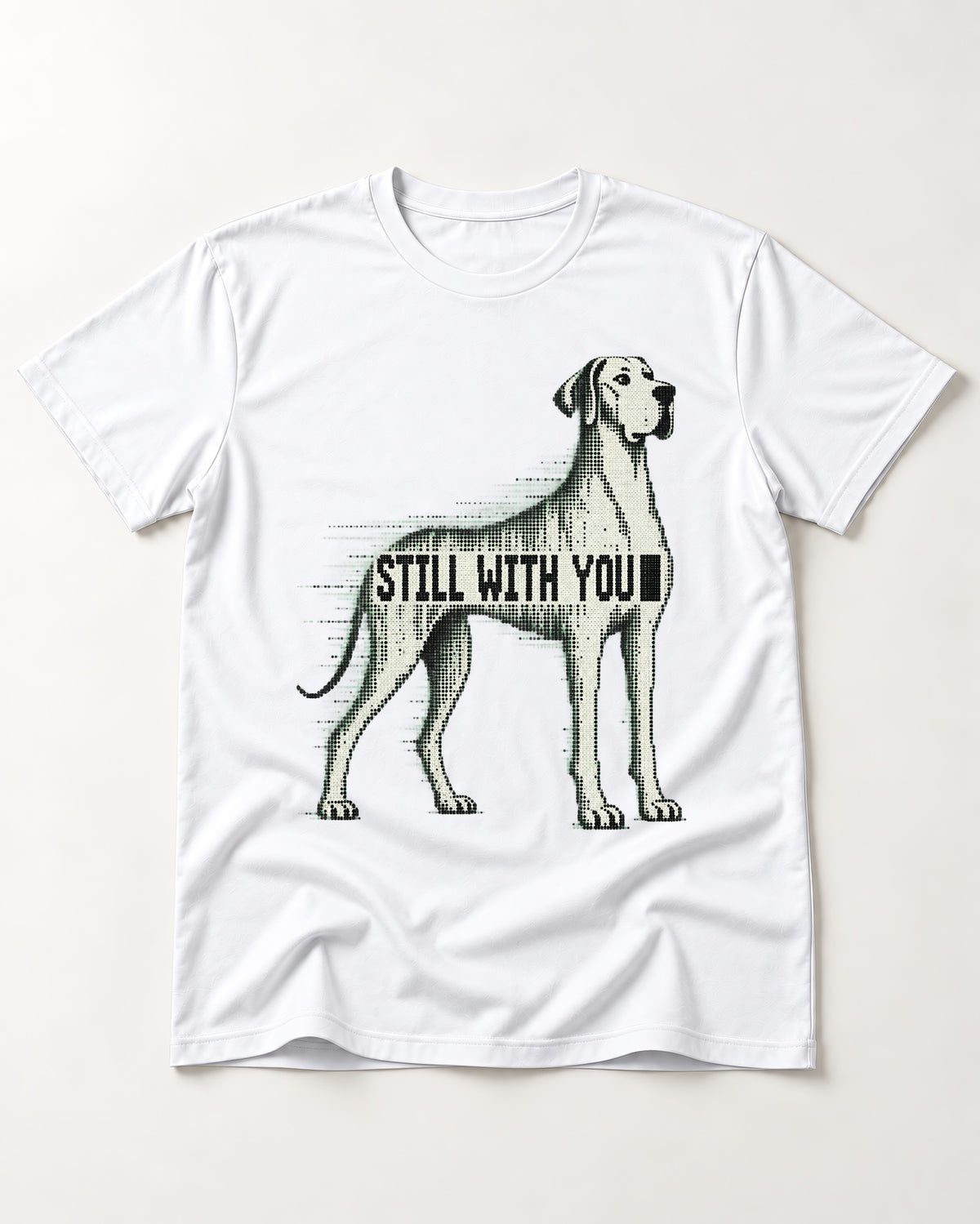 Still with You Great Dane T-Shirt in White, flat lay product photo