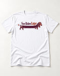 See Below Later Dachshund T-Shirt in White, flat lay product photo