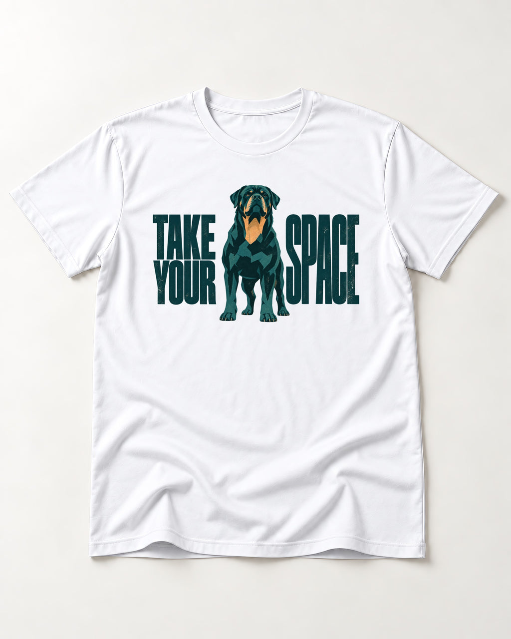 Rottweiler Take Your Space T-Shirt in White, flat lay product photo