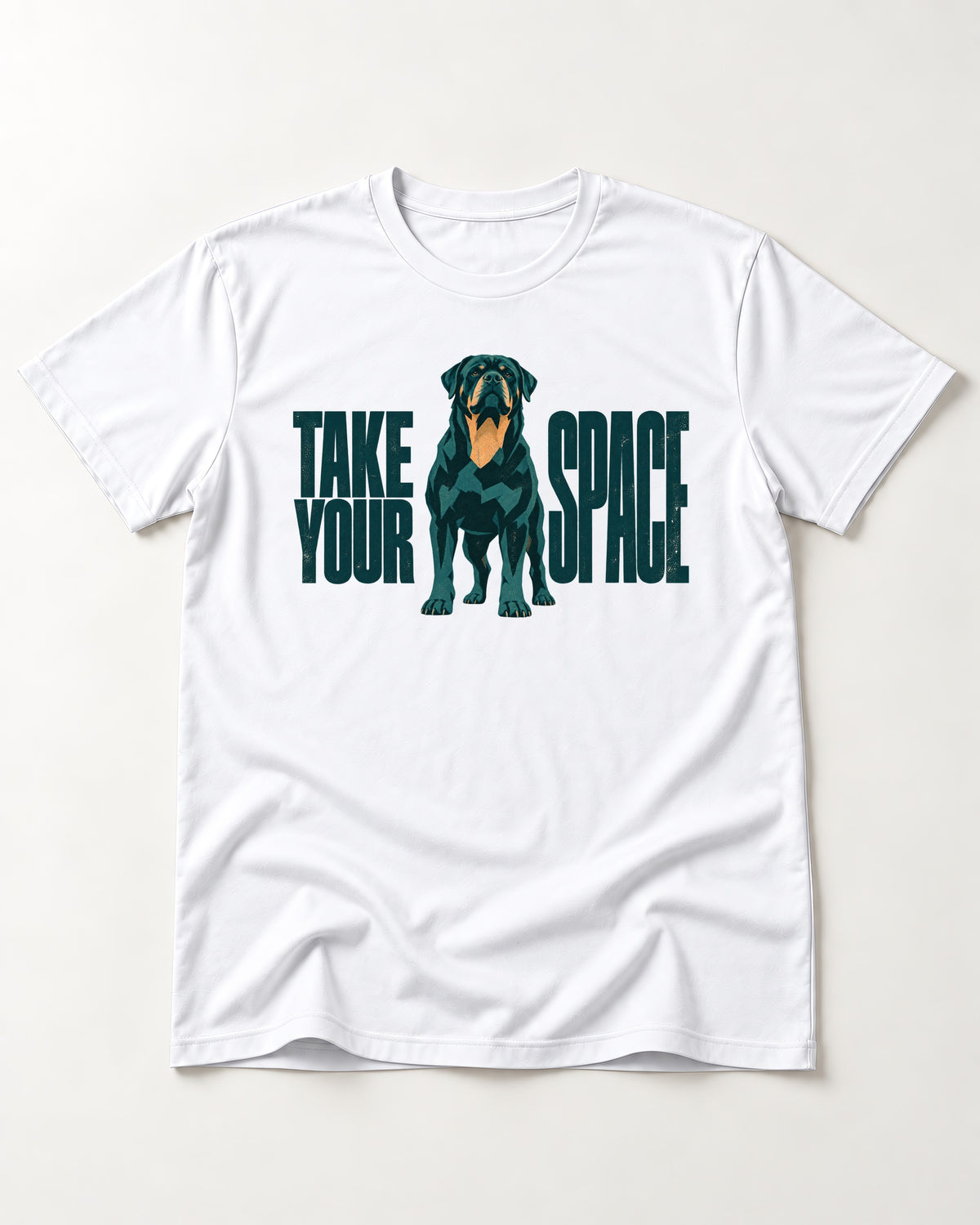 Rottweiler Take Your Space T-Shirt in White, flat lay product photo