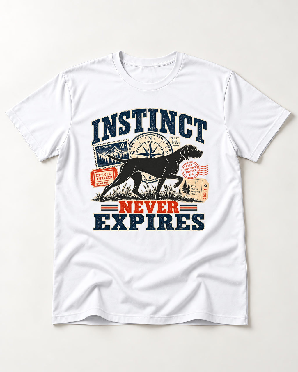 German Shorthaired Pointer Instinct Never Expires T-Shirt in White, flat lay product photo