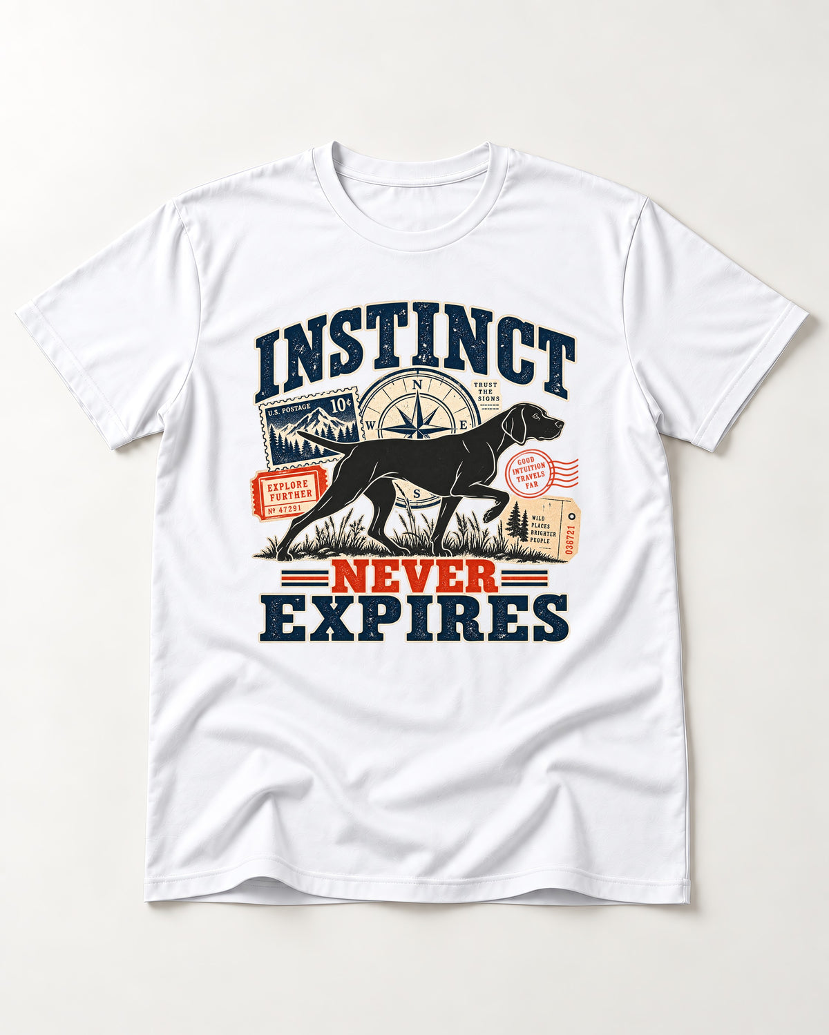 German Shorthaired Pointer Instinct Never Expires T-Shirt in White, flat lay product photo