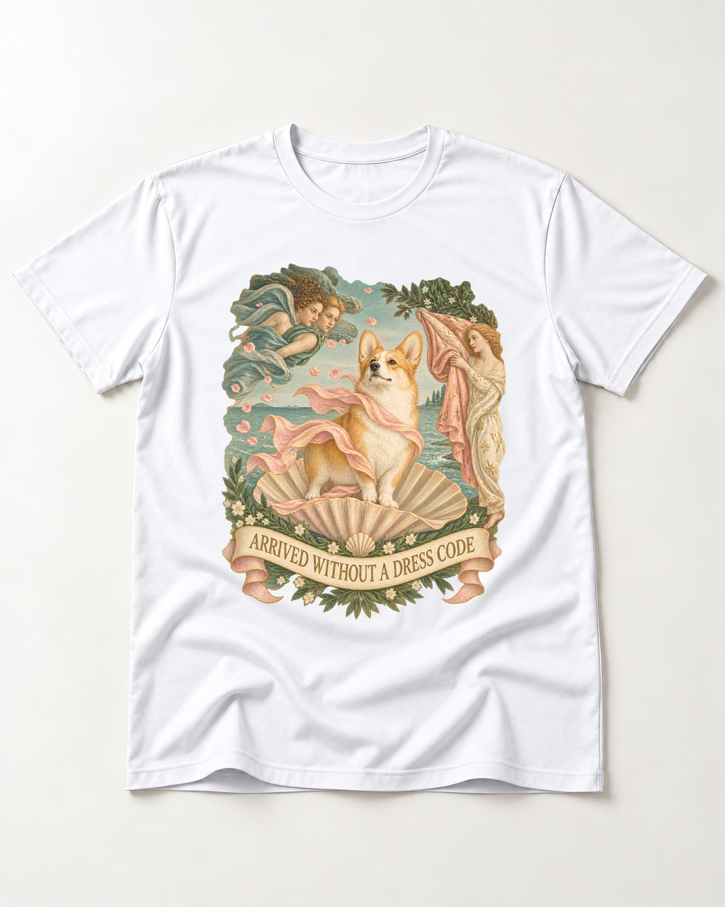 Corgi Arrived Without a Dress Code Birth of Venus T-Shirt in White, flat lay product photo