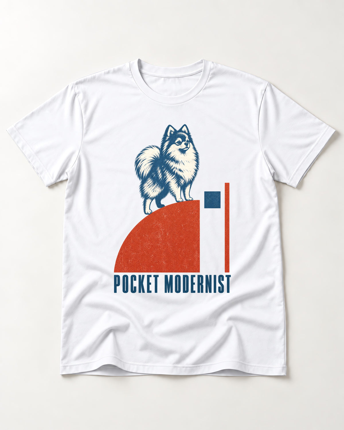 Pocket Modernist Pomeranian T-Shirt in White, flat lay product photo