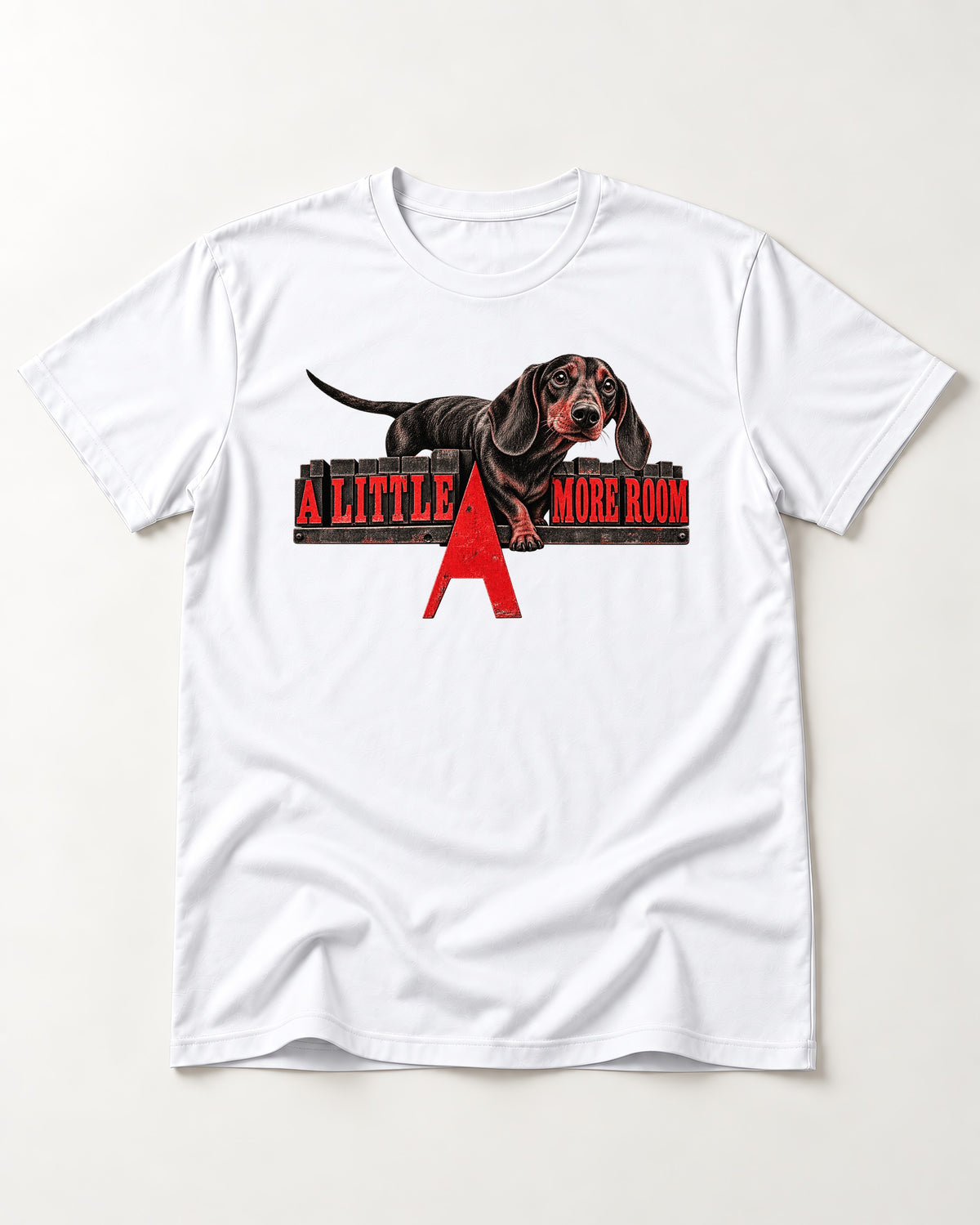 More Room for Dachshund T-Shirt in White, flat lay product photo