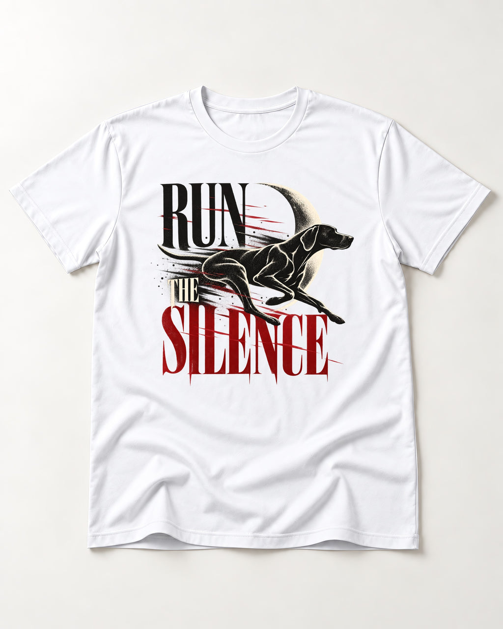 Run the Silence German Shorthaired Pointer T-Shirt in White, flat lay product photo