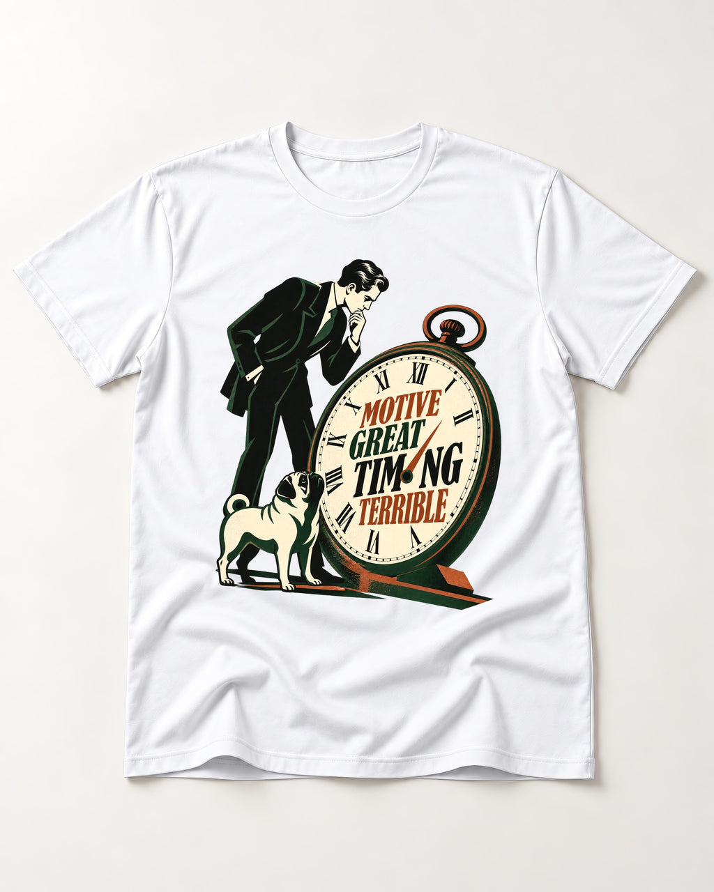 Pug Great Motive Terrible Timing T-Shirt in White, flat lay product photo