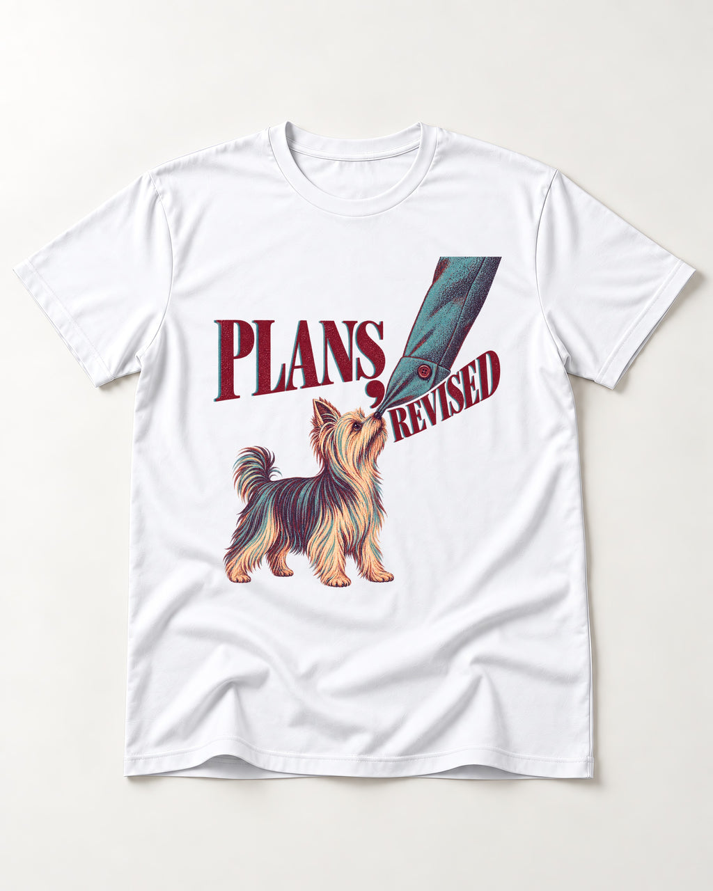 Yorkshire Terrier Plans Revised T-Shirt in White, flat lay product photo