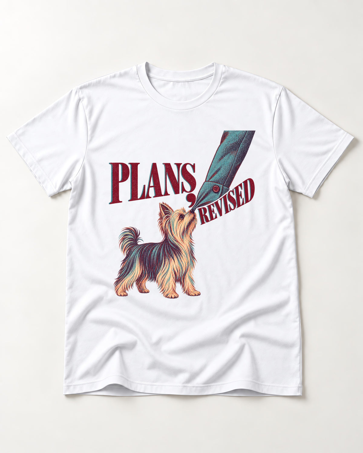 Yorkshire Terrier Plans Revised T-Shirt in White, flat lay product photo