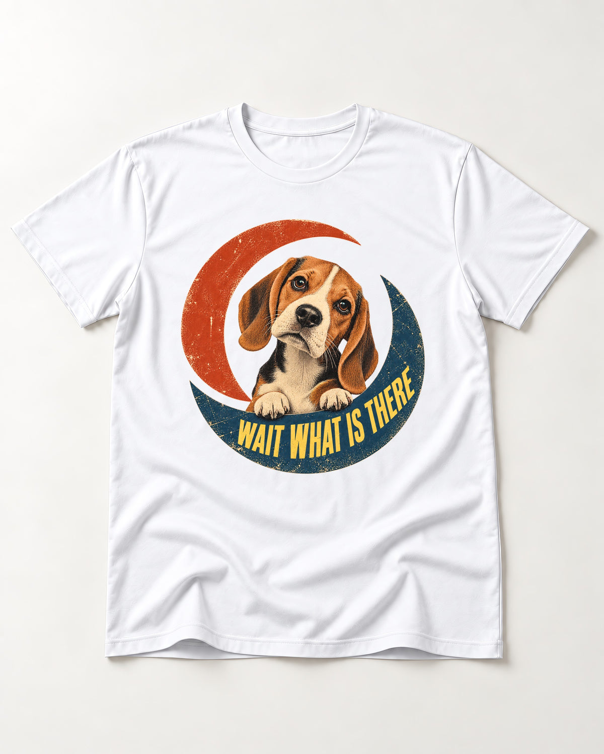 Wait What Is There Beagle Crescent T-Shirt in White, flat lay product photo
