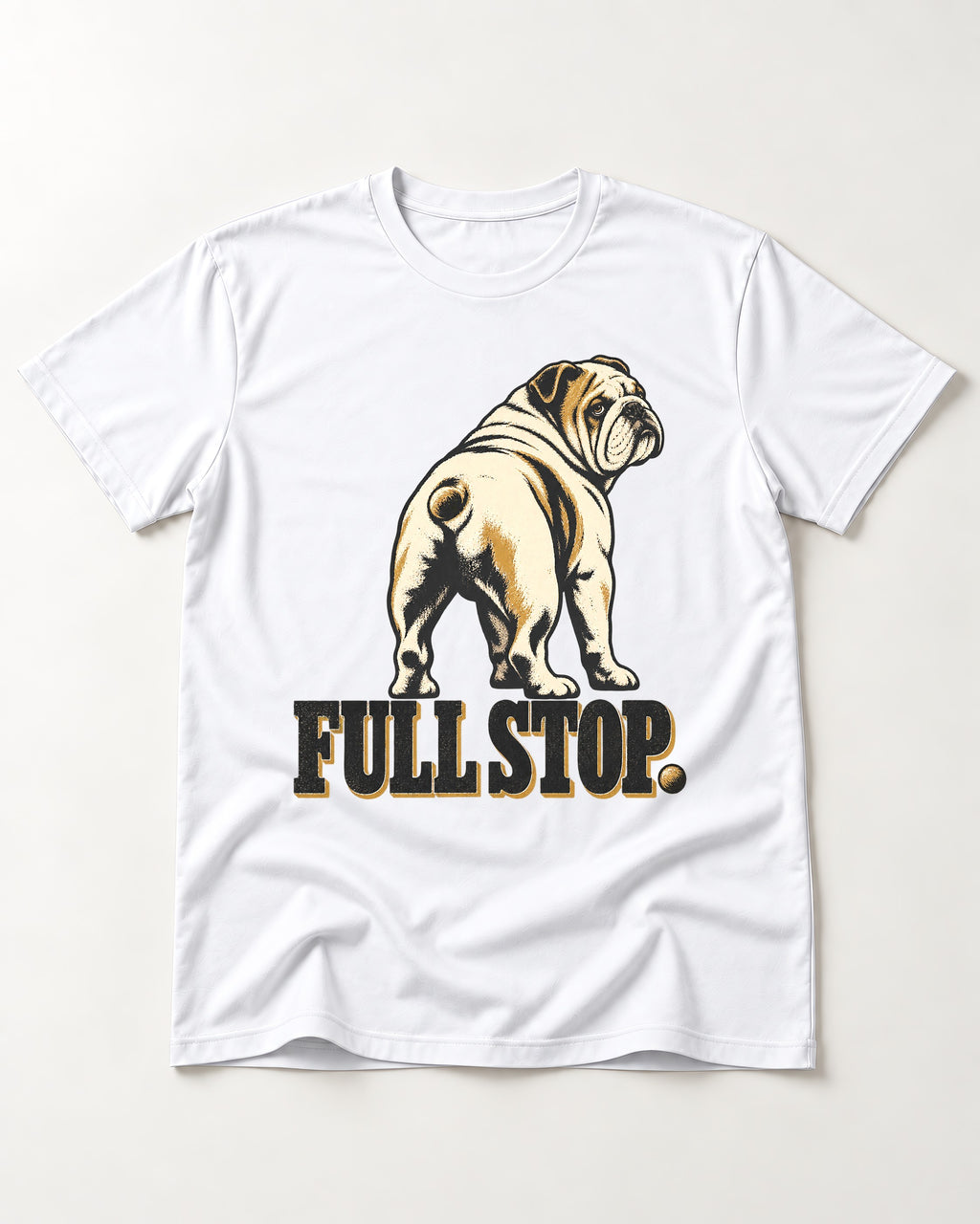 English Bulldog Full Stop T-Shirt in White, flat lay product photo