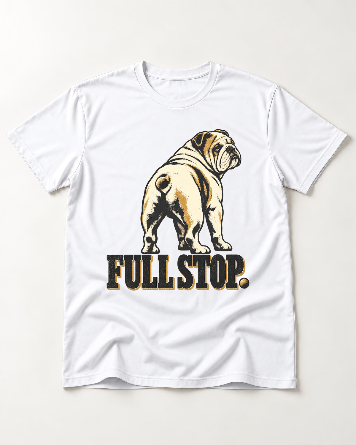 English Bulldog Full Stop T-Shirt in White, flat lay product photo