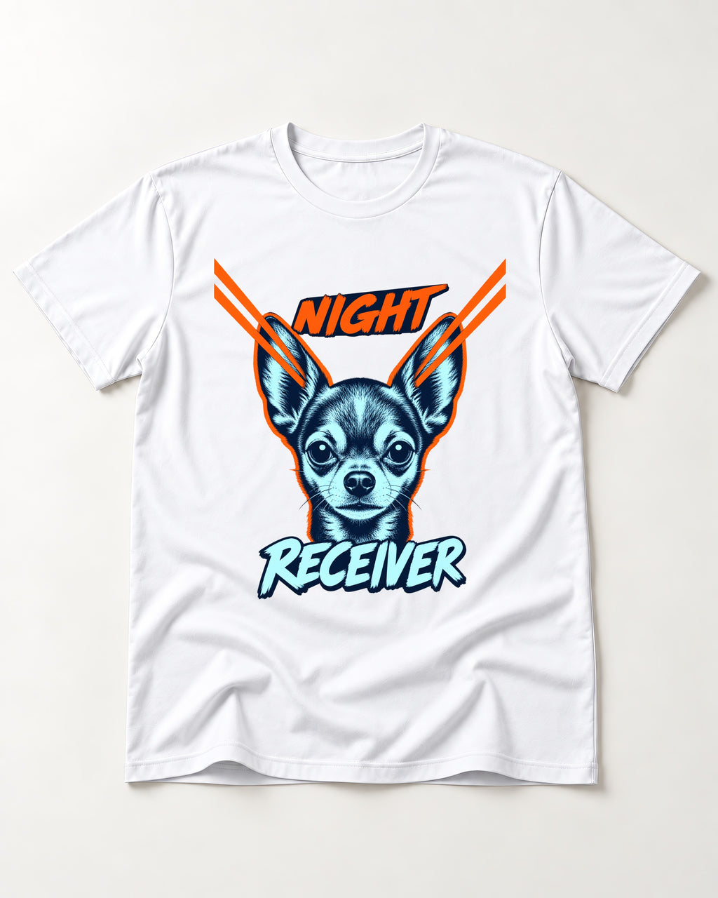 Chihuahua Night Receiver Signal Portrait Graphic T-Shirt in White, flat lay product photo