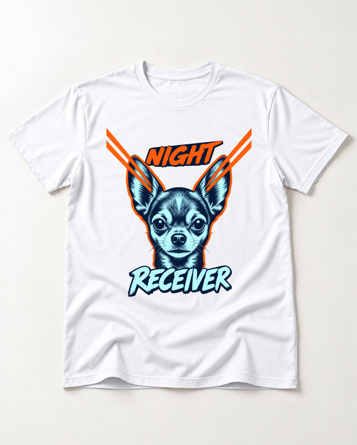 Chihuahua Night Receiver Signal Portrait Graphic T-Shirt in White, flat lay product photo