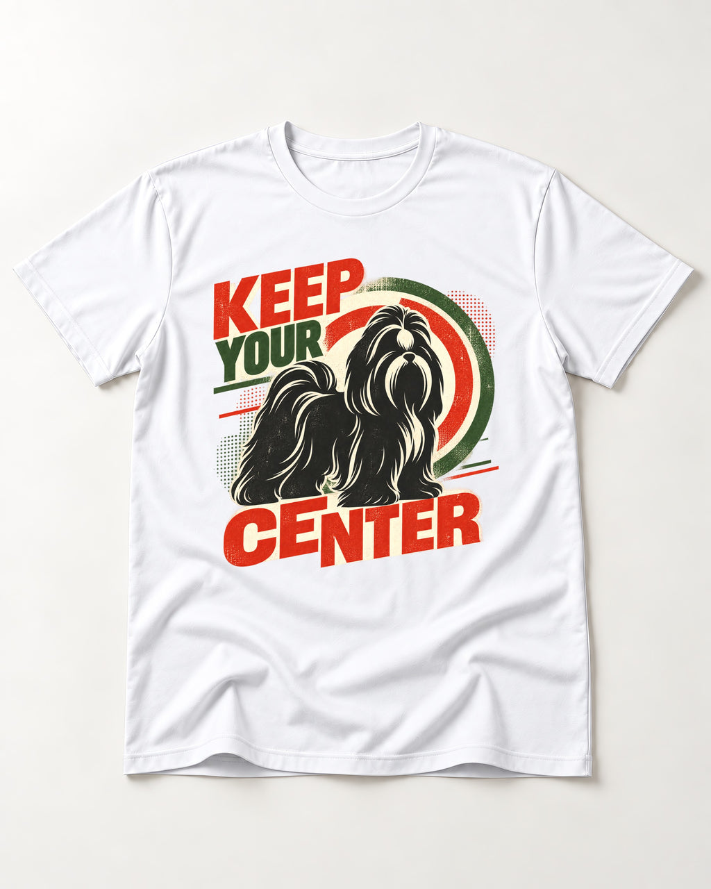 Shih Tzu Keep Your Center Retro Target Graphic T-Shirt in White, flat lay product photo
