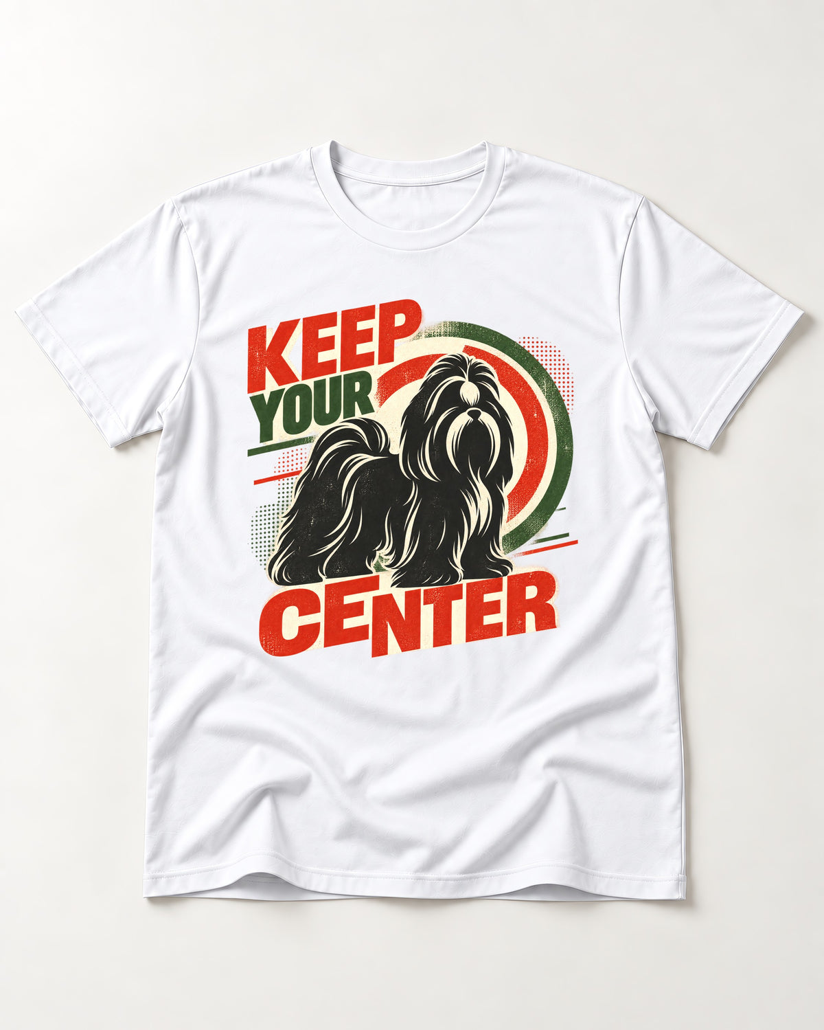 Shih Tzu Keep Your Center Retro Target Graphic T-Shirt in White, flat lay product photo