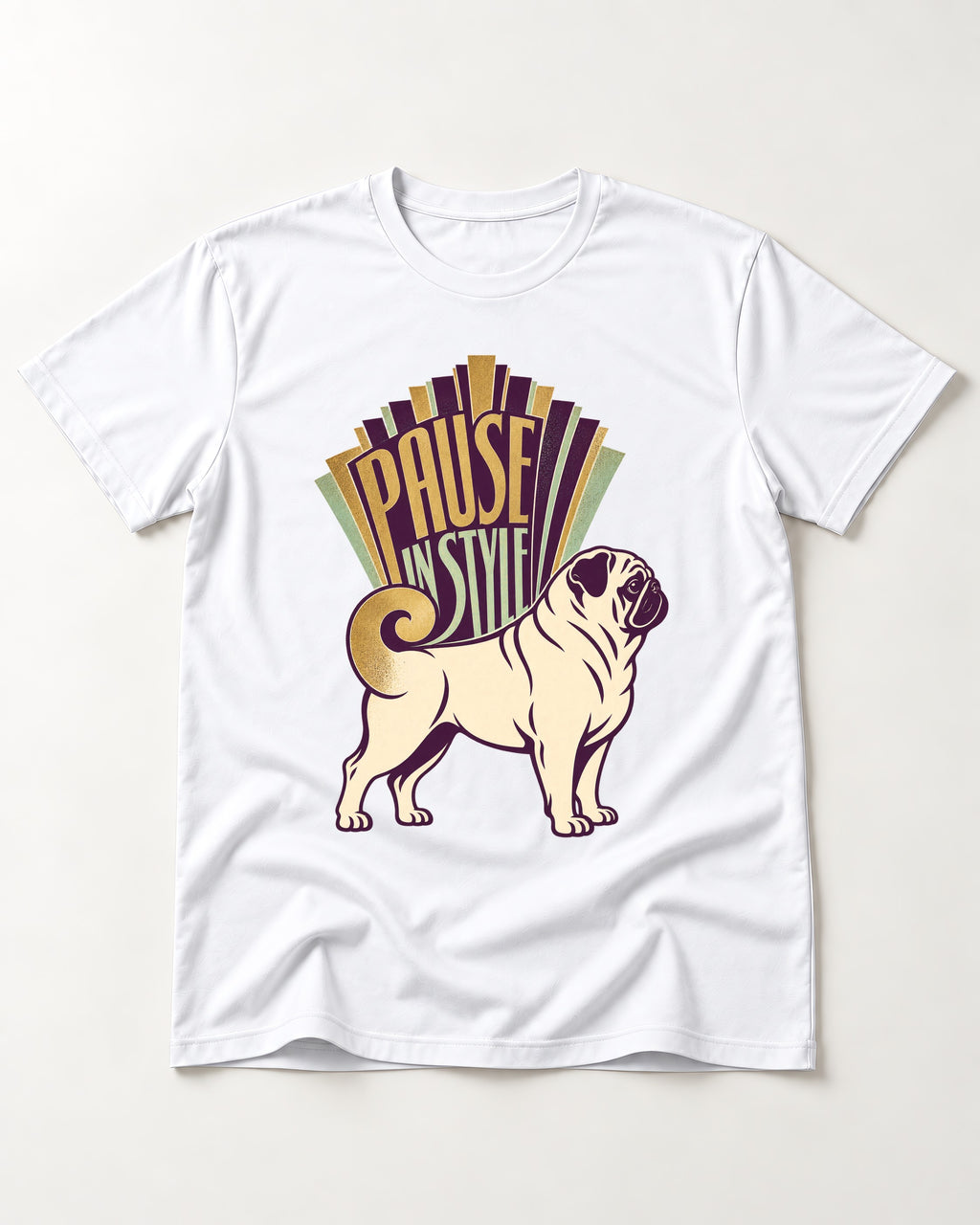 Pug Pause T-Shirt in White, flat lay product photo