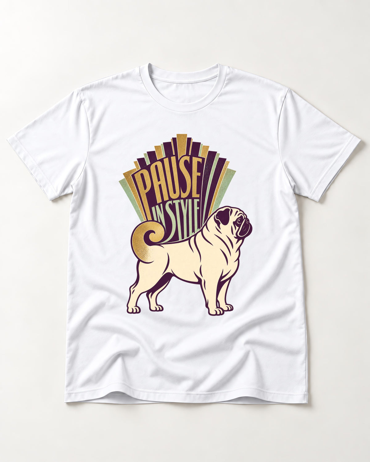 Pug Pause T-Shirt in White, flat lay product photo