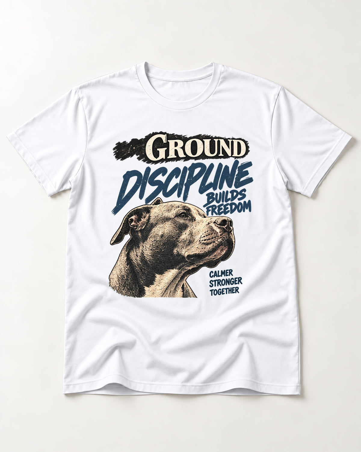 Pitbull Discipline Builds Freedom T-Shirt in White, flat lay product photo
