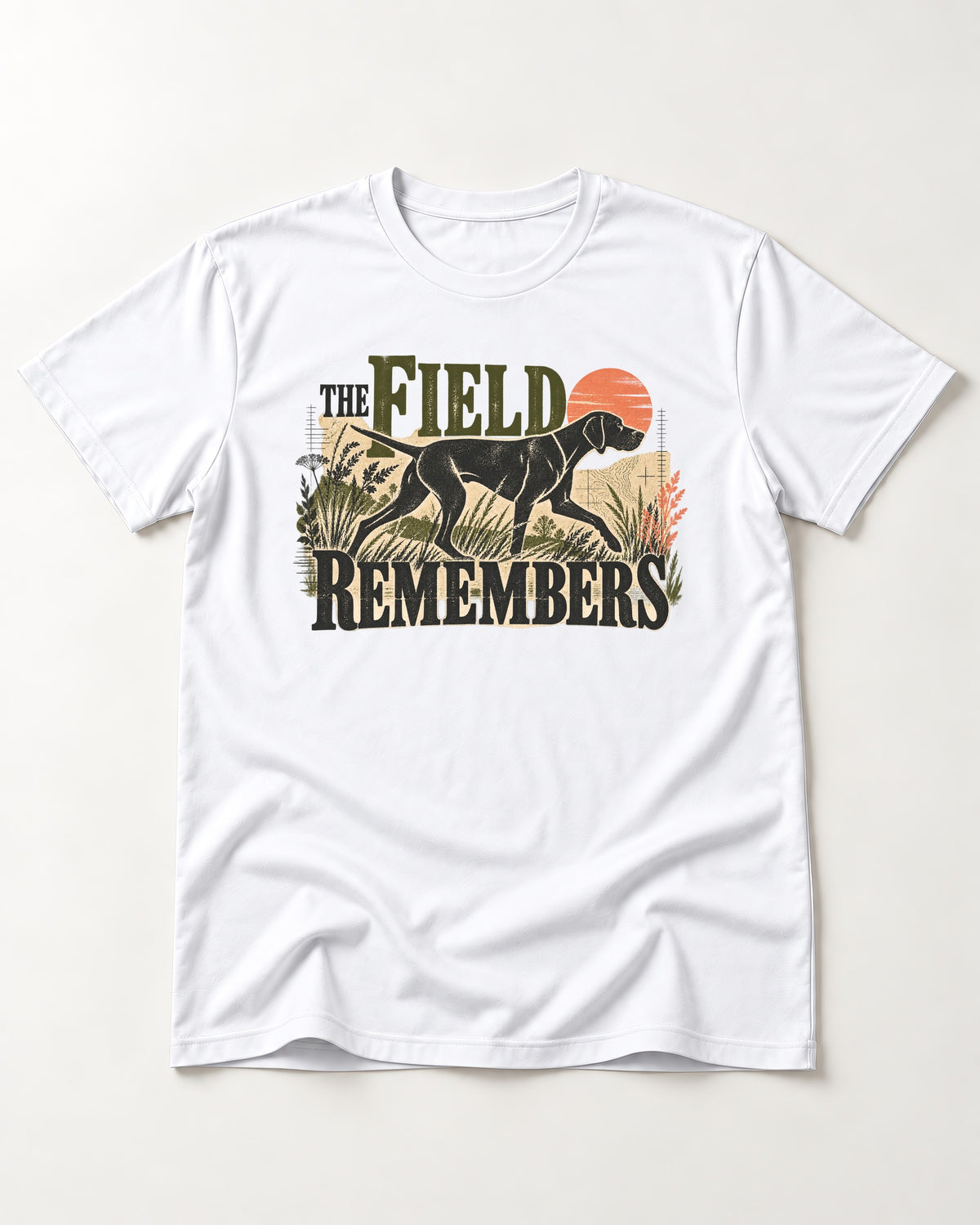 The Field Remembers German Shorthaired Pointer T-Shirt in White, flat lay product photo