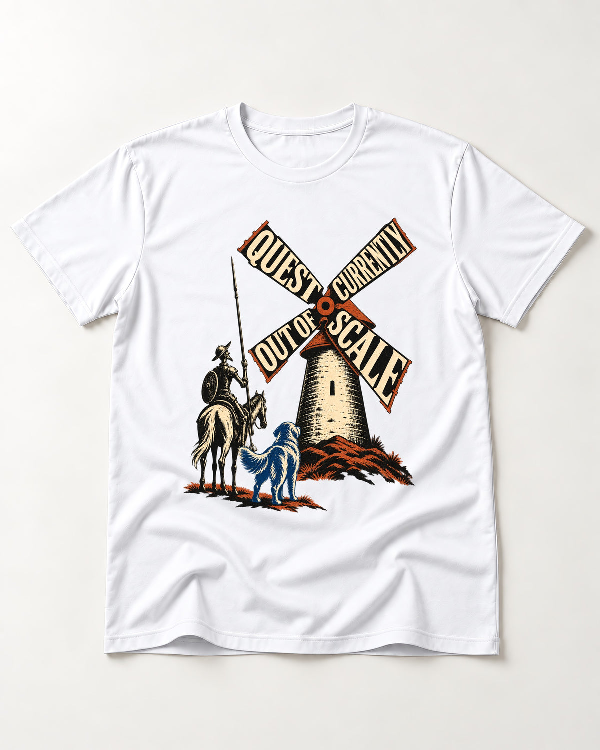 Golden Retriever Quest Out of Scale T-Shirt in White, flat lay product photo
