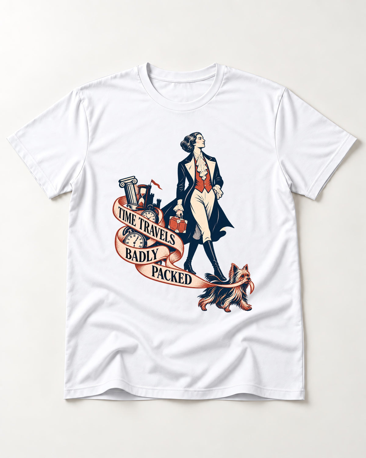 Time Travels Badly Packed Yorkshire Terrier T-Shirt in White, flat lay product photo