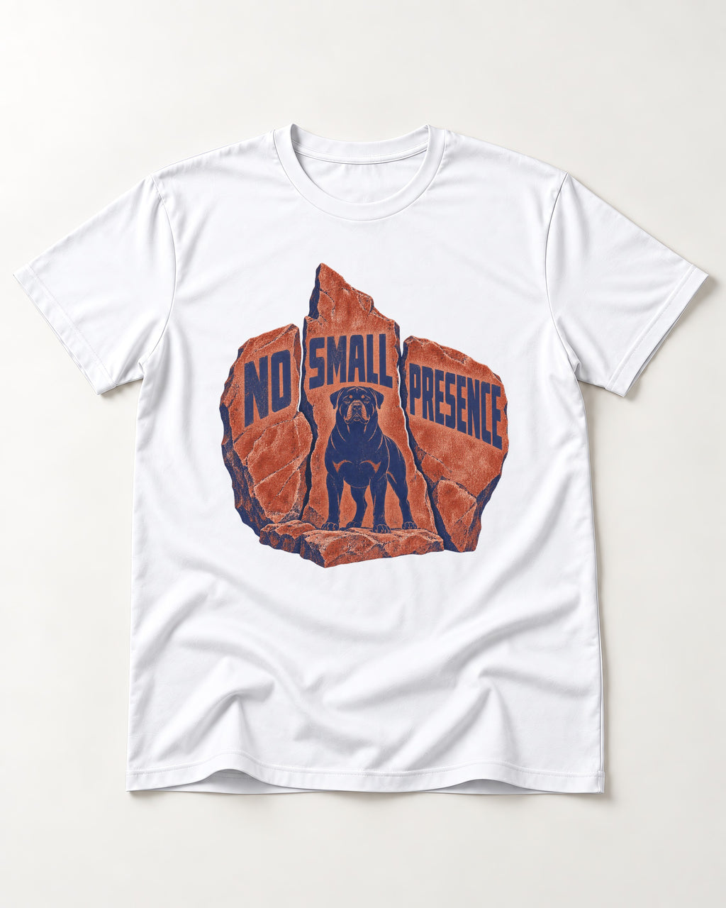 Rottweiler No Small Presence Monument Rock Graphic T-Shirt in White, flat lay product photo