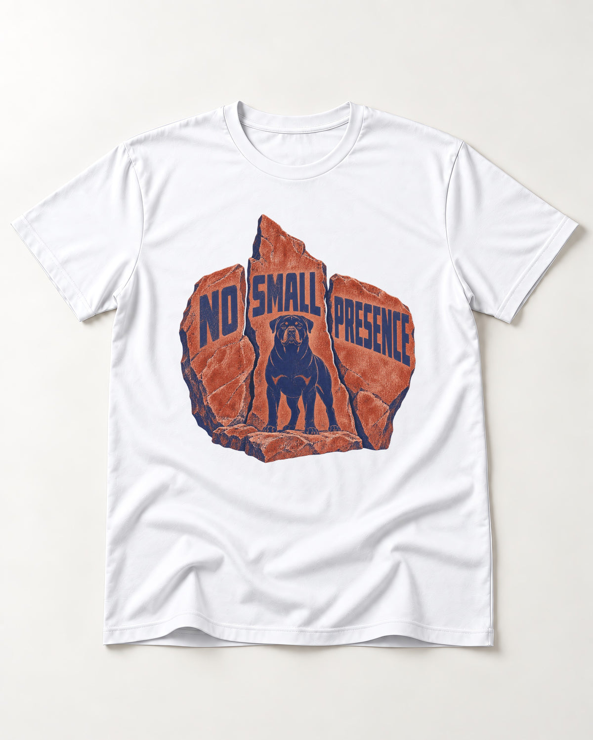 Rottweiler No Small Presence Monument Rock Graphic T-Shirt in White, flat lay product photo