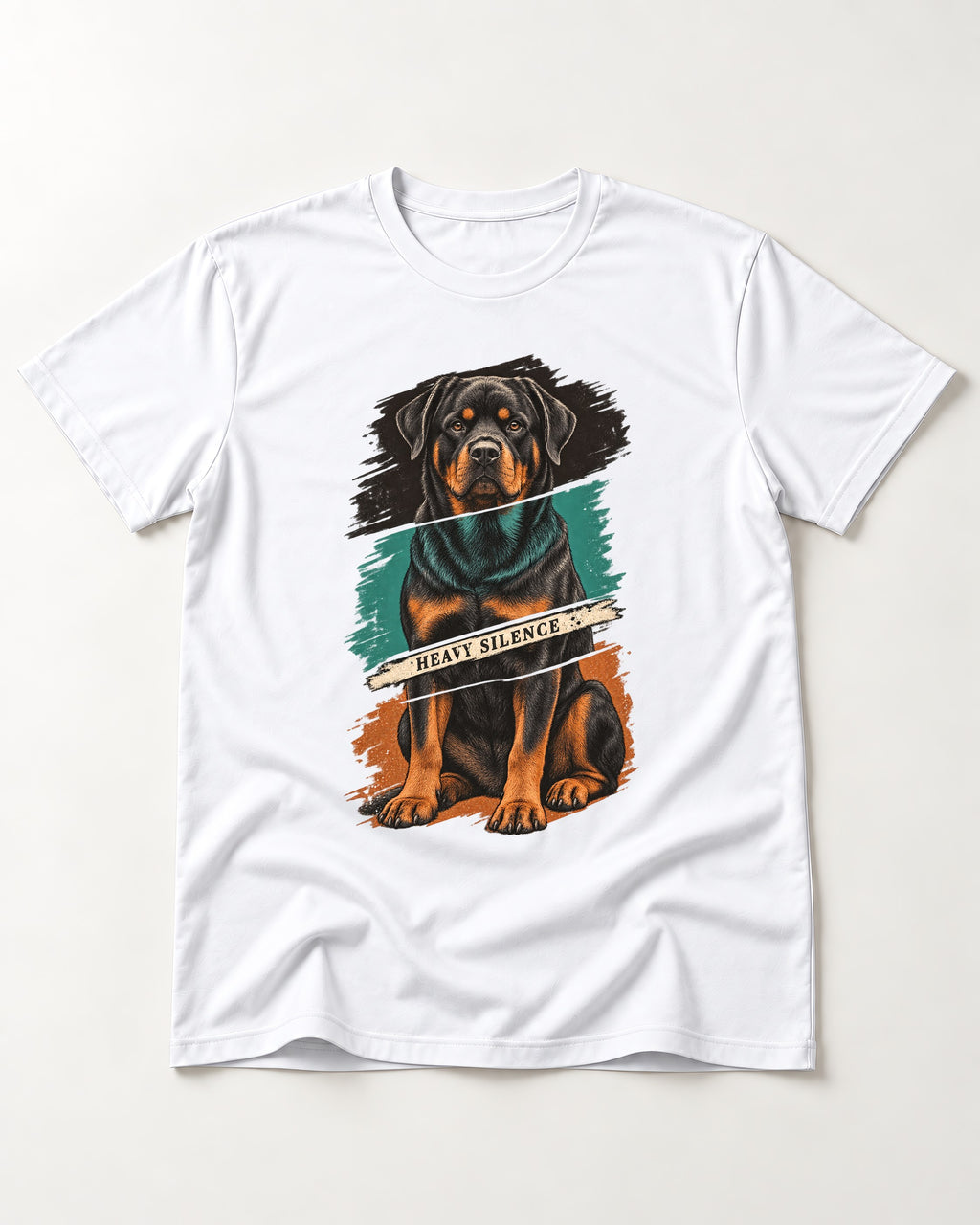 Rottweiler Heavy Silence Brushstroke Portrait Graphic T-Shirt in White, flat lay product photo