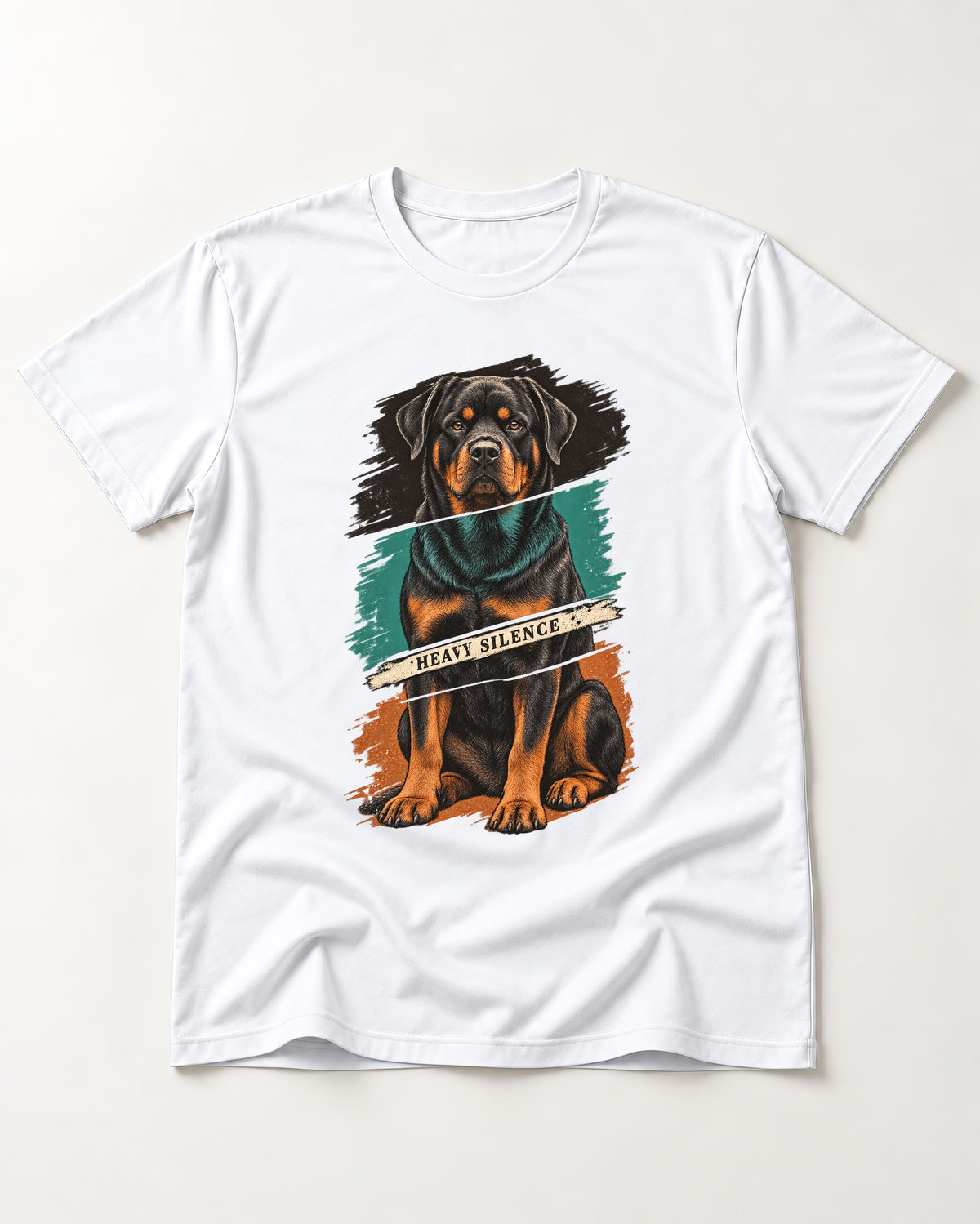 Rottweiler Heavy Silence Brushstroke Portrait Graphic T-Shirt in White, flat lay product photo
