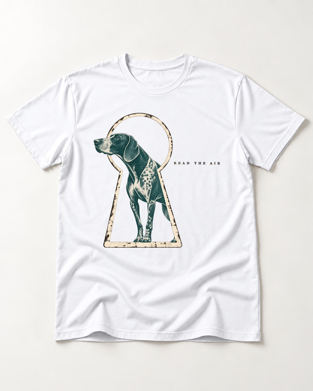 Read the Air German Shorthaired Pointer T-Shirt in White, flat lay product photo