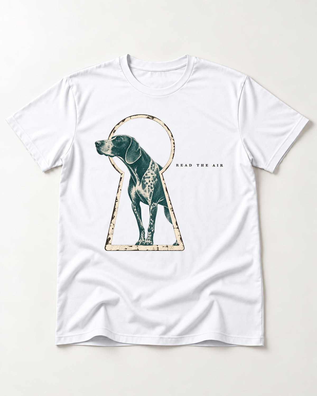 Read the Air German Shorthaired Pointer T-Shirt in White, flat lay product photo