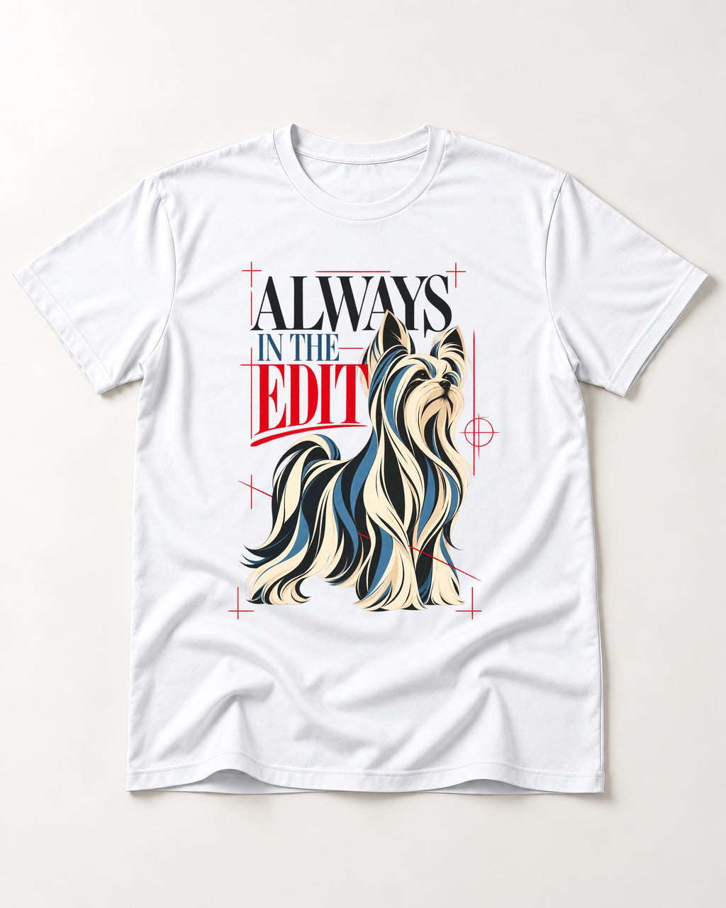 Always in the Edit Yorkshire Terrier T-Shirt in White, flat lay product photo