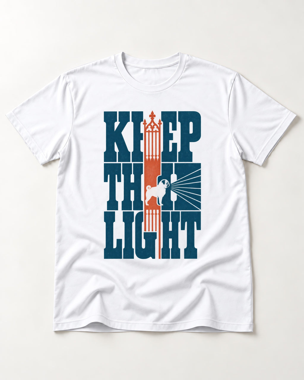 Keep the Pug Fight T-Shirt in White, flat lay product photo