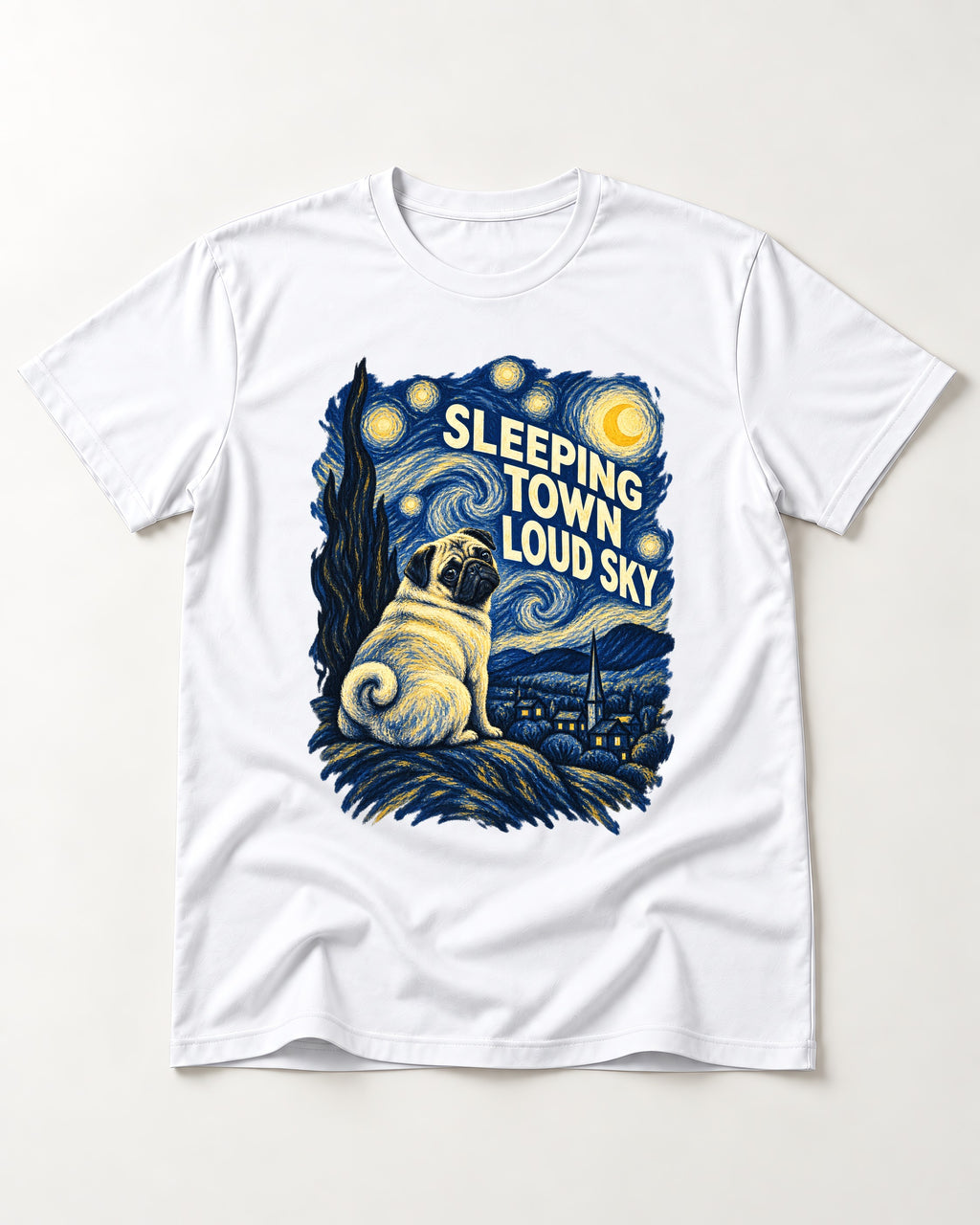 Pug Sleeping Town Loud Sky Starry Night Graphic T-Shirt in White, flat lay product photo