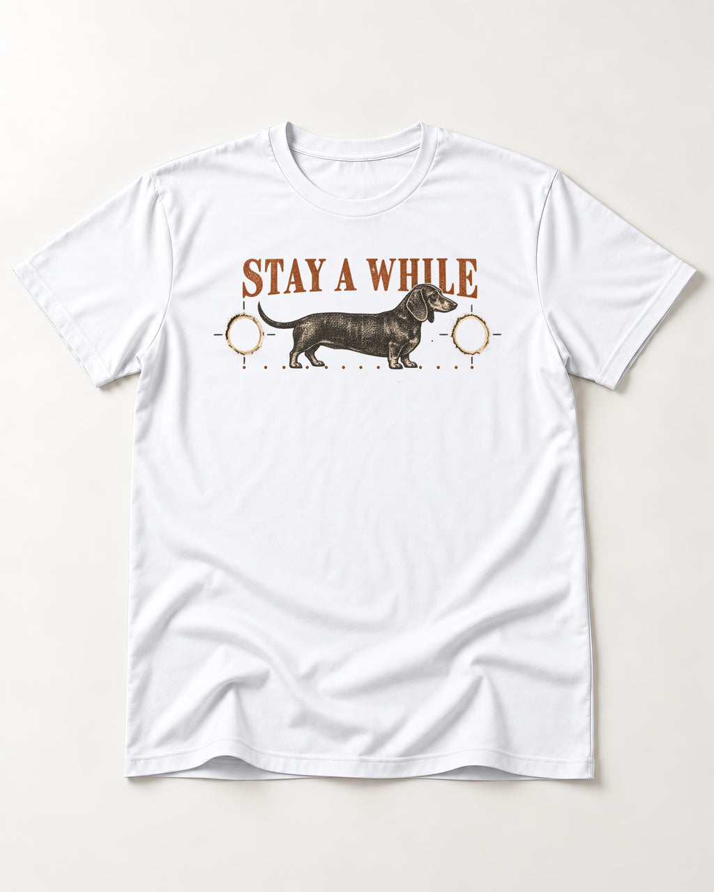 Dachshund Stay A While Ornamental Portrait Graphic T-Shirt in White, flat lay product photo