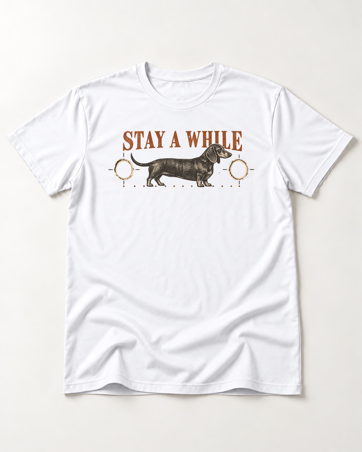 Dachshund Stay A While Ornamental Portrait Graphic T-Shirt in White, flat lay product photo