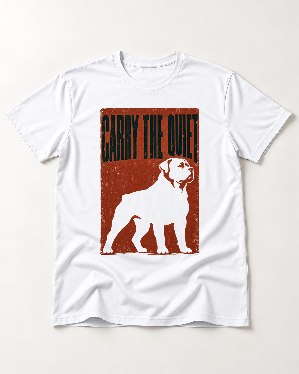 Rottweiler Carry the Quiet T-Shirt in White, flat lay product photo