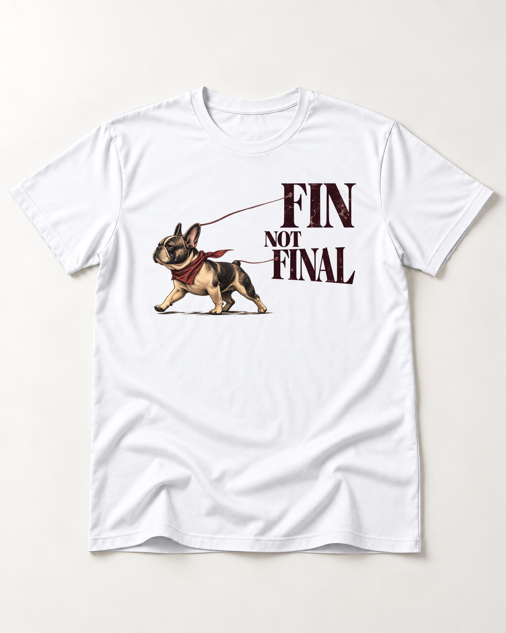 Frenchie Fin Not Final T-Shirt in White, flat lay product photo