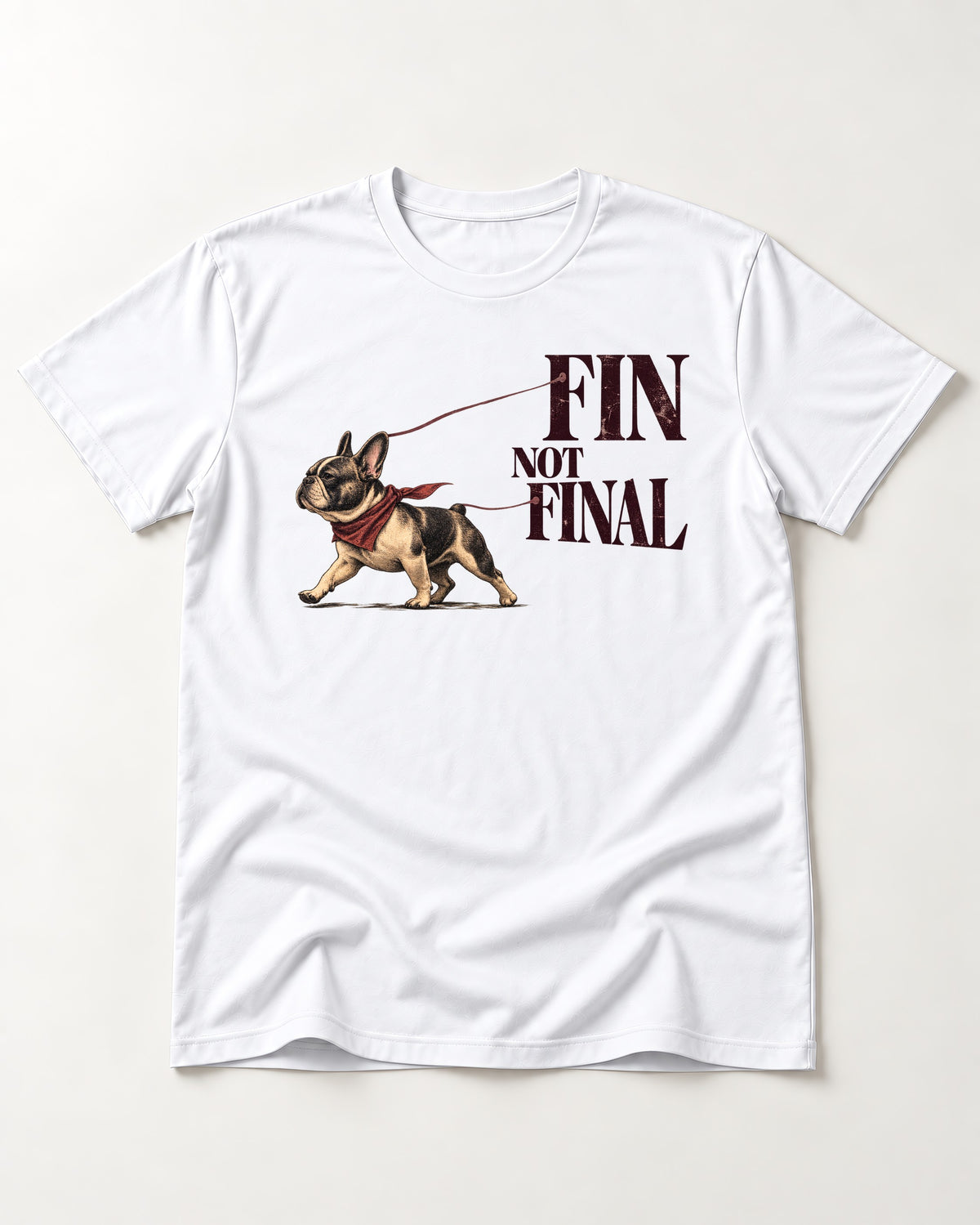 Frenchie Fin Not Final T-Shirt in White, flat lay product photo
