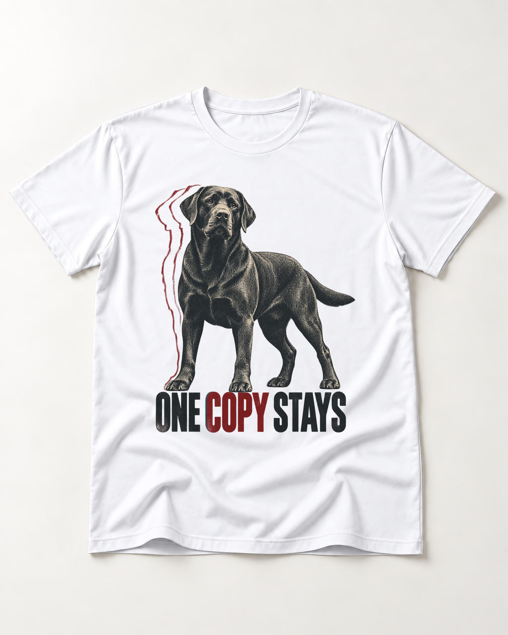 One Copy Stays Labrador Retriever T-Shirt in White, flat lay product photo