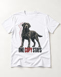 One Copy Stays Labrador Retriever T-Shirt in White, flat lay product photo