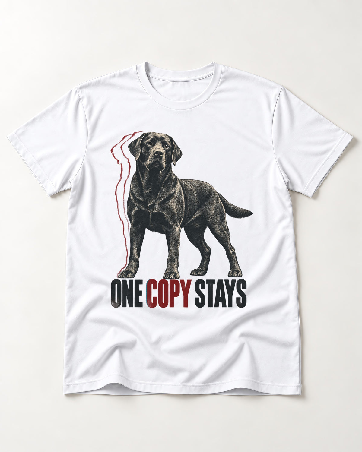 One Copy Stays Labrador Retriever T-Shirt in White, flat lay product photo