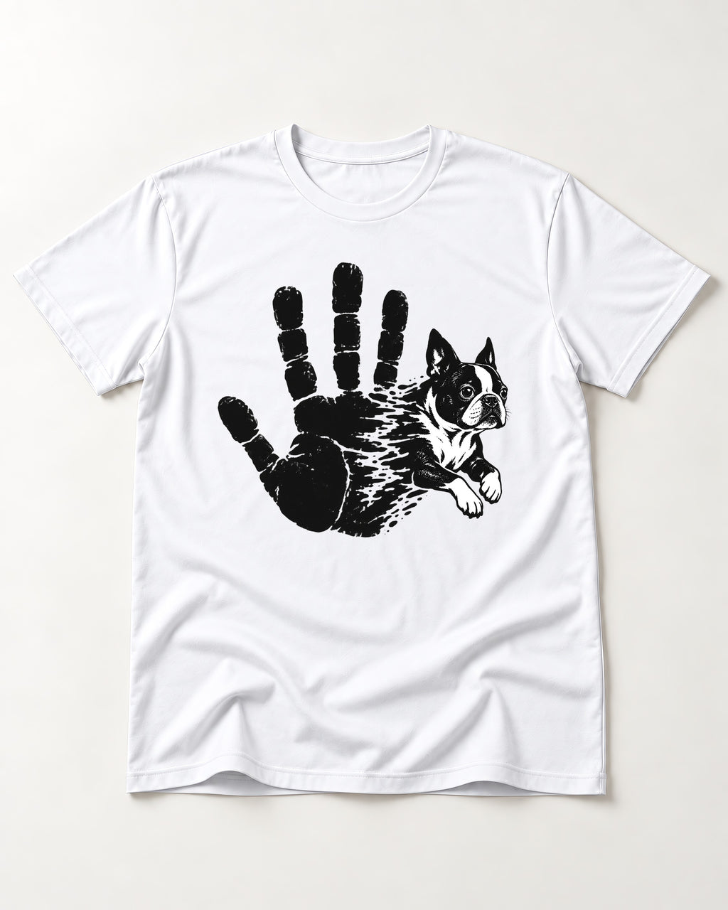 Boston Terrier High Five T-Shirt in White, flat lay product photo